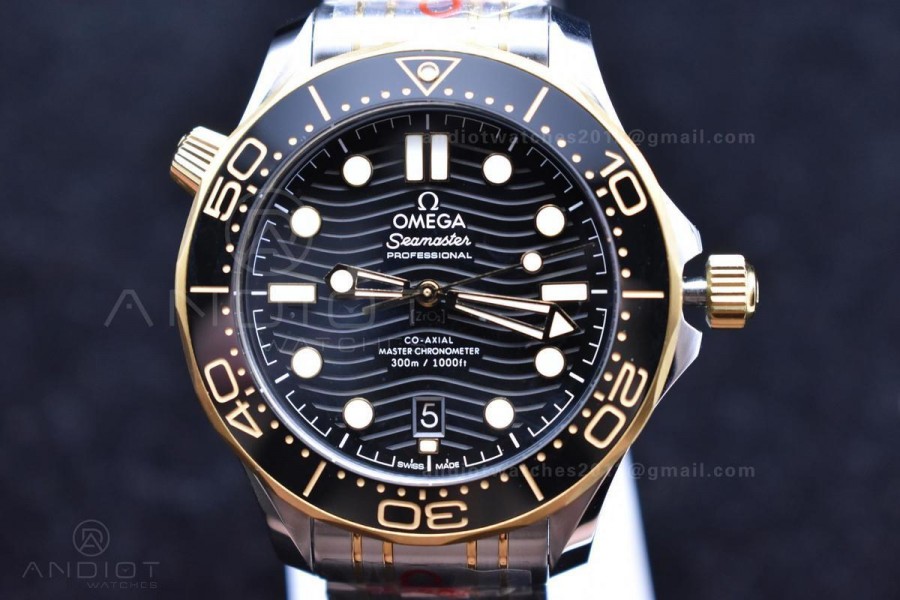 Seamaster Diver 300M SS/YG ORF 1:1 Best Edition Black Ceramic Black Dial on SS Bracelet A8800 