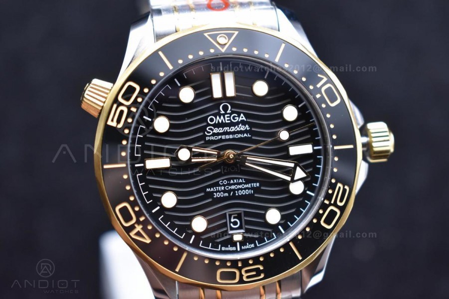 Seamaster Diver 300M SS/YG ORF 1:1 Best Edition Black Ceramic Black Dial on SS Bracelet A8800 