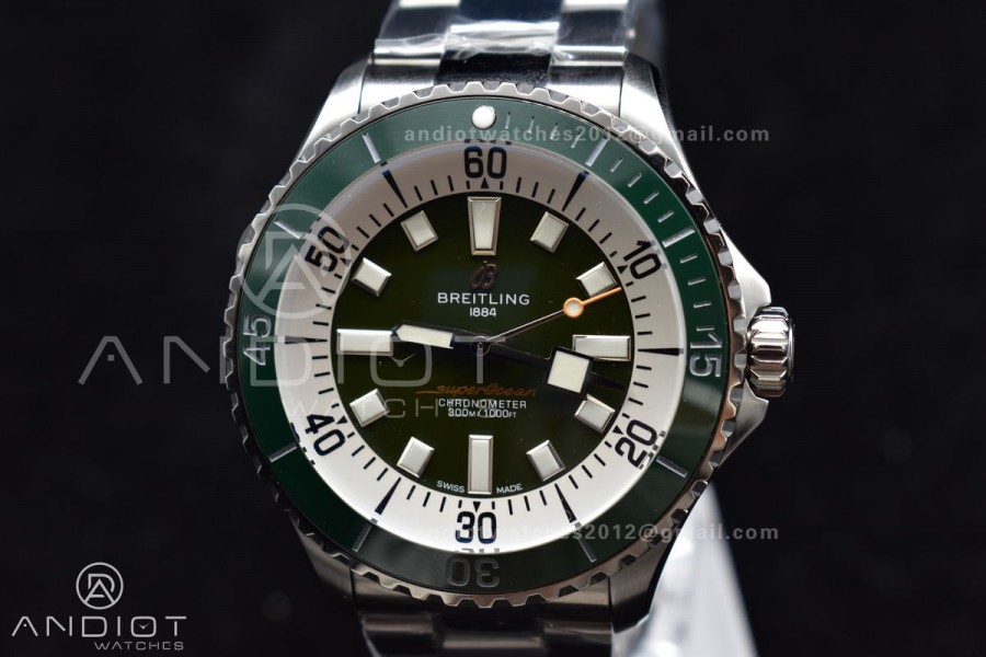 SuperOcean Automatic 44 TF 1:1 Best Edition Green Ceramic Bezel Green/White Dial on SS Bracelet A2824