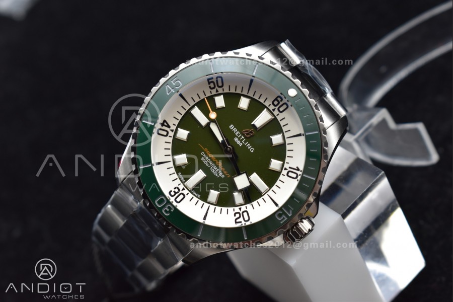 SuperOcean Automatic 44 TF 1:1 Best Edition Green Ceramic Bezel Green/White Dial on SS Bracelet A2824