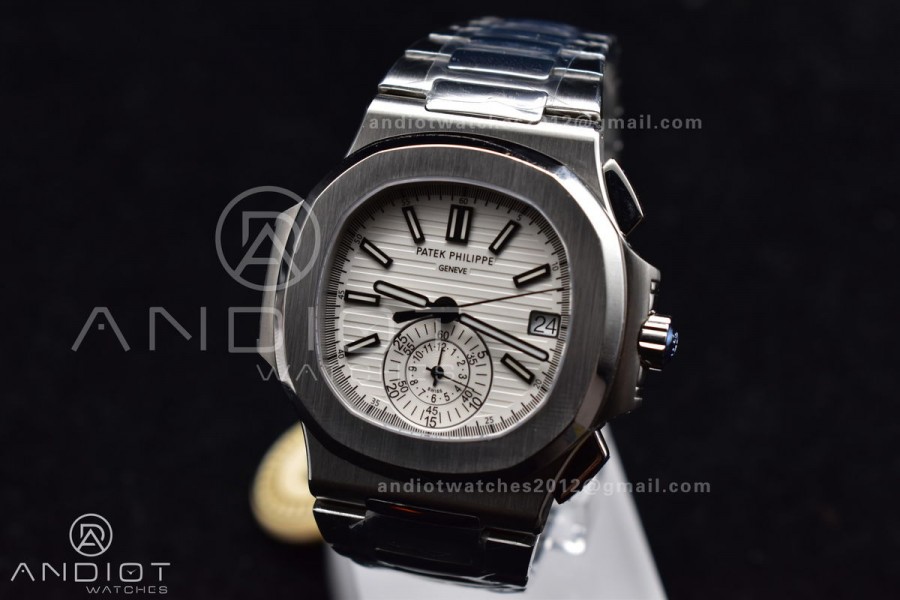 Nautilus Chrono Date 5980 SS/SS Wht/Stk PPF A7750 Mod