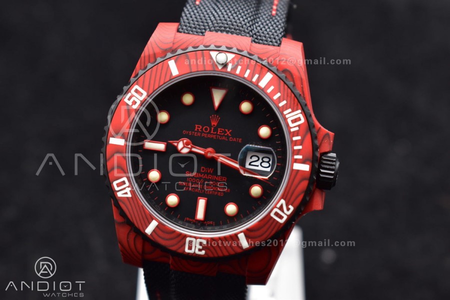 Submariner DIW Red Carbon VSF 1:1 Best Edition Black Dial on Black Nylon Strap VS3135