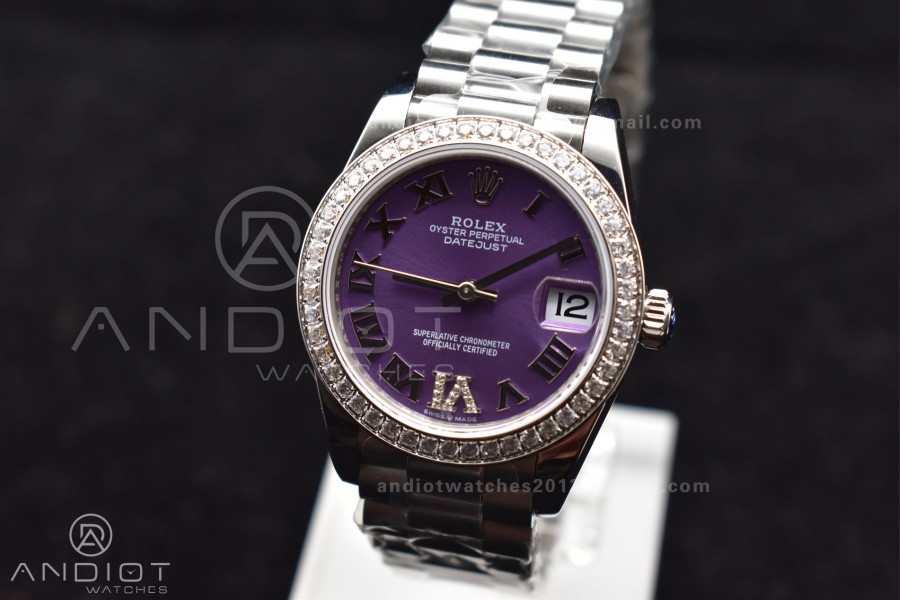 DateJust 31 Ladies 278289 GMF 316L Steel Diamonds Bezel Purple Dial Roman Markers on President Syle Bracelet