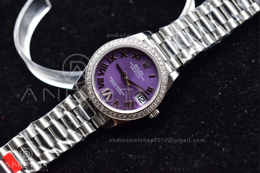 DateJust 31 Ladies 278289 GMF 316L Steel Diamonds Bezel Purple Dial Roman Markers on President Syle Bracelet