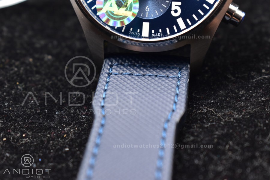 Pilot Chrono SS AZF 1:1 Best Edition Blue Dial Orange Hand on Blue Leather Strap A7750