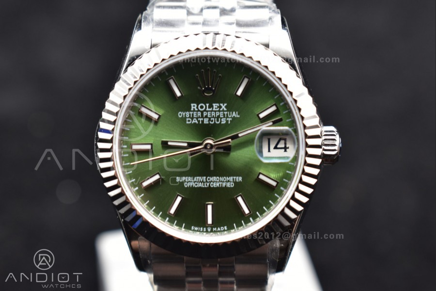 DateJust 31 Ladies 278289 WF 316L Steel Green Dial Stick Markers on President Syle Bracelet