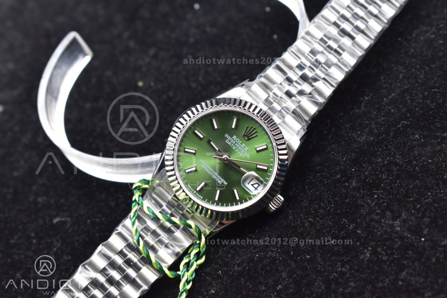 DateJust 31 Ladies 278289 WF 316L Steel Green Dial Stick Markers on President Syle Bracelet