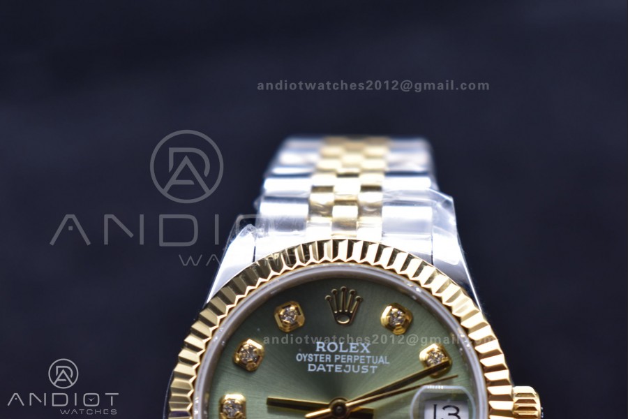DateJust 31 Ladies 278289 WF 316L Steel Green Dial Fluted Bezel and Markers on President Syle Bracelet