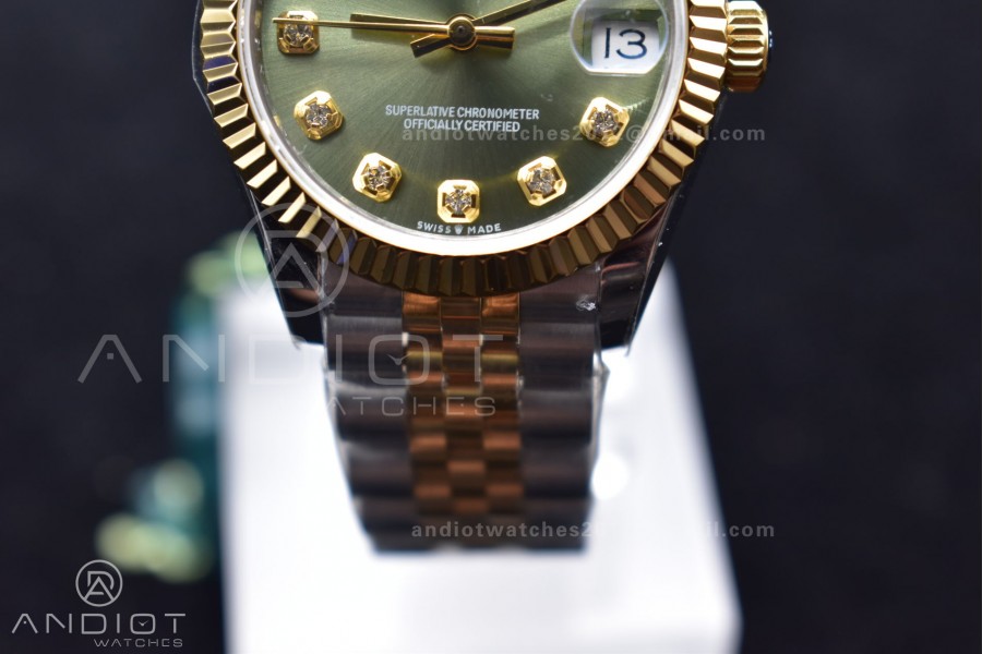 DateJust 31 Ladies 278289 WF 316L Steel Green Dial Fluted Bezel and Markers on President Syle Bracelet