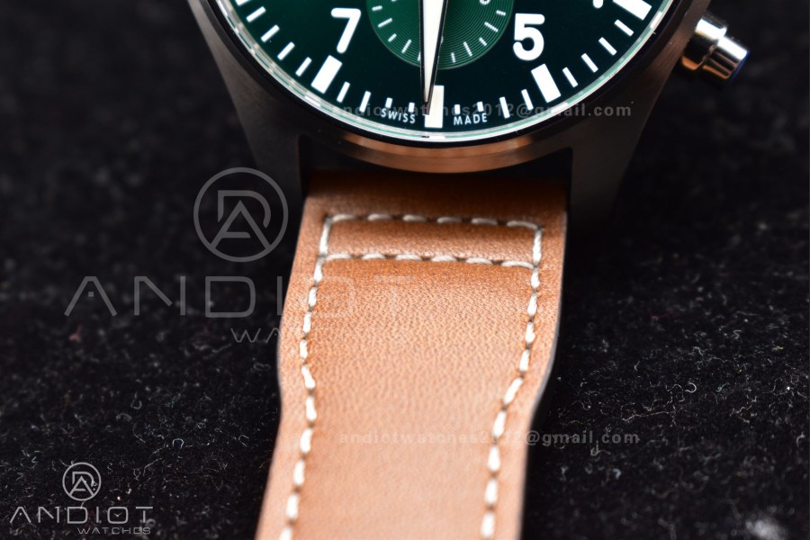 Pilot Chronograph IW377726 ZF 1:1 Best Edition Green Dial on Brown Leather Strap A7750 V2