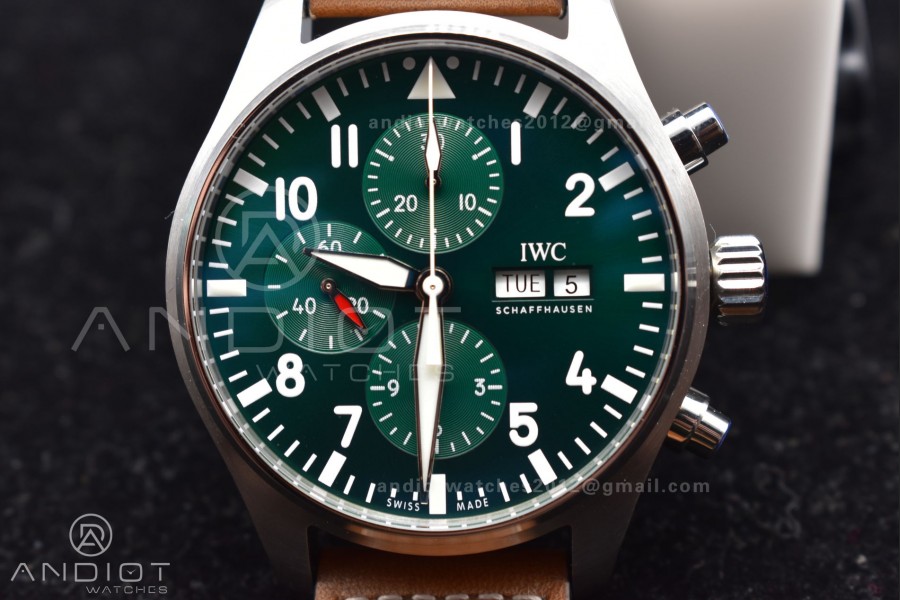 Pilot Chronograph IW377726 ZF 1:1 Best Edition Green Dial on Brown Leather Strap A7750 V2