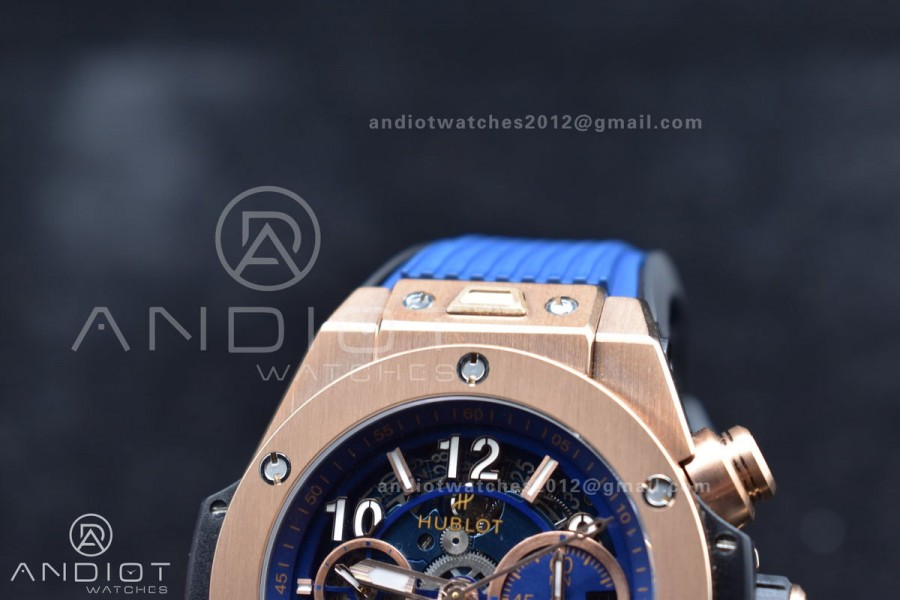 Hublot Big Bang Unico RG ZF 1:1 Best Edition Blue Skeleton Dial on Blue Rubber Strap A1280