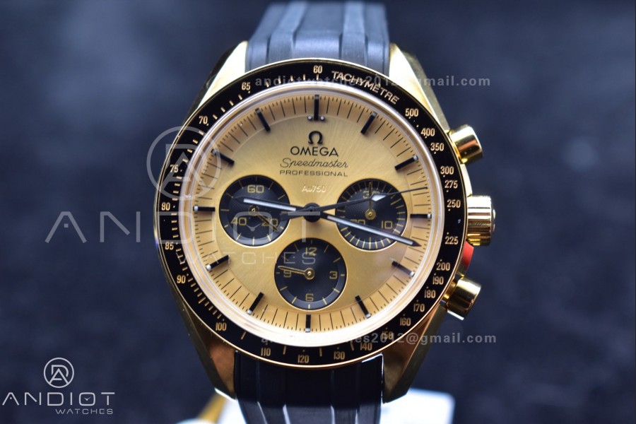 Speedmaster Moonwatch in Moonshine Gold YG RMF Best Edition YG Dial on Black Rubber Strap Manual Chrono