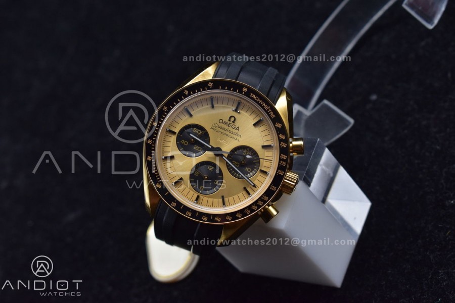 Speedmaster Moonwatch in Moonshine Gold YG RMF Best Edition YG Dial on Black Rubber Strap Manual Chrono