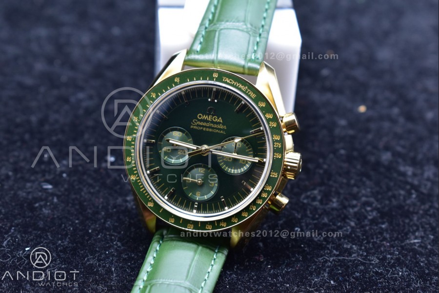 Speedmaster Moonwatch in Moonshine Gold YG RMF Best Edition Green Dial on Green Leather Strap Manual Chrono