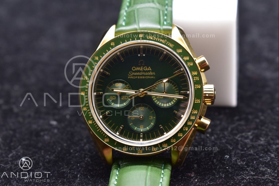 Speedmaster Moonwatch in Moonshine Gold YG RMF Best Edition Green Dial on Green Leather Strap Manual Chrono