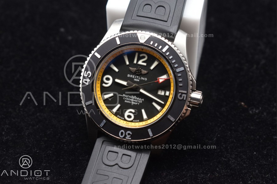 Superocean Automatic 44 TF 1:1 Best Edition Black Dial and Bezel with Yellow Rehaut On Black Rubber Strap A2824
