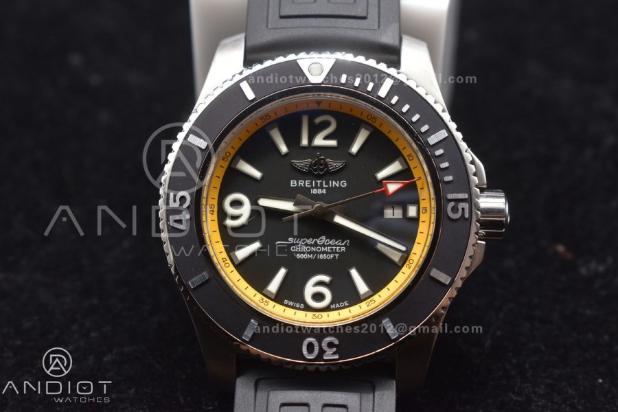 Superocean Automatic 44 TF 1:1 Best Edition Black Dial and Bezel with Yellow Rehaut On Black Rubber Strap A2824