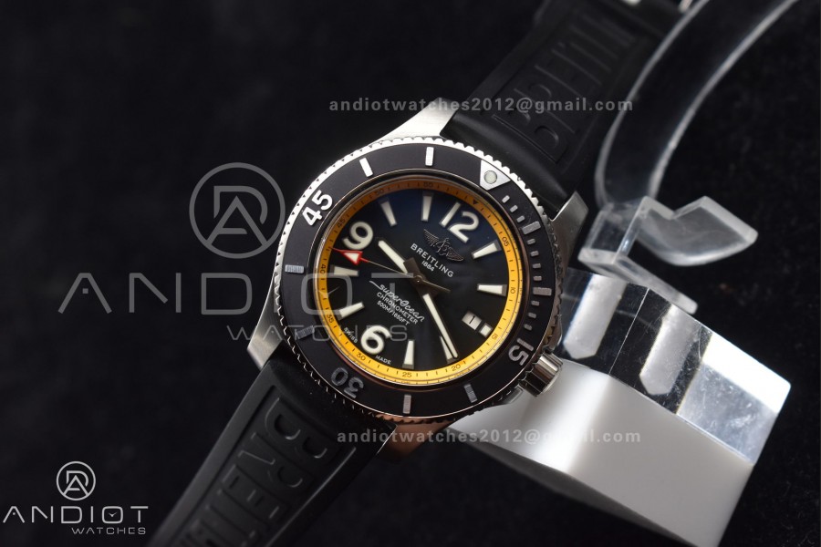 Superocean Automatic 44 TF 1:1 Best Edition Black Dial and Bezel with Yellow Rehaut On Black Rubber Strap A2824