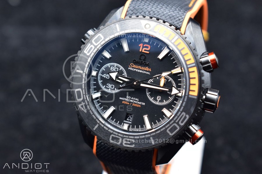 Planet Ocean Master Chronometer OMF DLC Black/Orange Bezel Black Dial on Black Nylon Strap A9900 (Black Balance Wheel) 