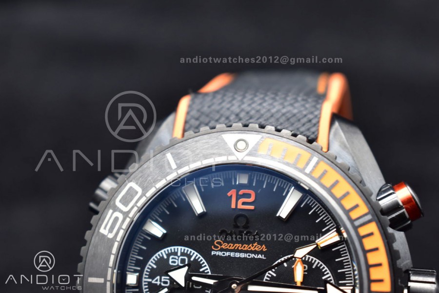 Planet Ocean Master Chronometer OMF DLC Black/Orange Bezel Black Dial on Black Nylon Strap A9900 (Black Balance Wheel) 