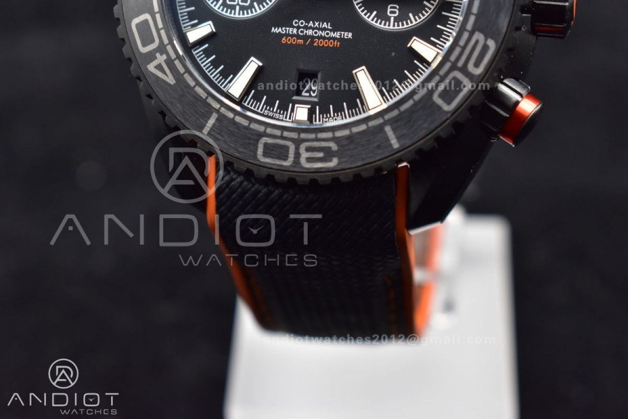Planet Ocean Master Chronometer OMF DLC Black/Orange Bezel Black Dial on Black Nylon Strap A9900 (Black Balance Wheel) 