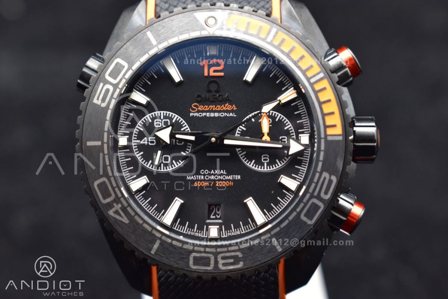 Planet Ocean Master Chronometer OMF DLC Black/Orange Bezel Black Dial on Black Nylon Strap A9900 (Black Balance Wheel) 