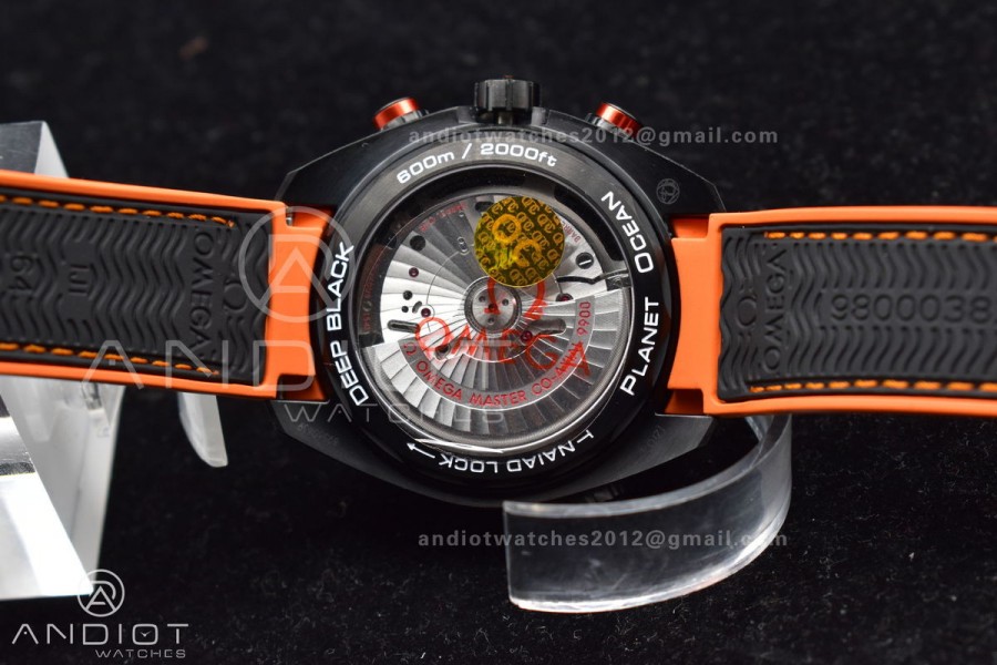 Planet Ocean Master Chronometer OMF DLC Black/Orange Bezel Black Dial on Black Nylon Strap A9900 (Black Balance Wheel) 