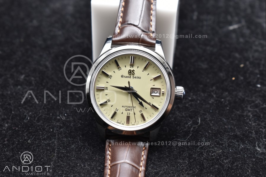 Grand Seiko Elegance GMT SS GSF 1:1 Best Edition Cream Dial on Brown Leather Strap NH34