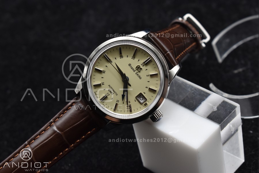 Grand Seiko Elegance GMT SS GSF 1:1 Best Edition Cream Dial on Brown Leather Strap NH34
