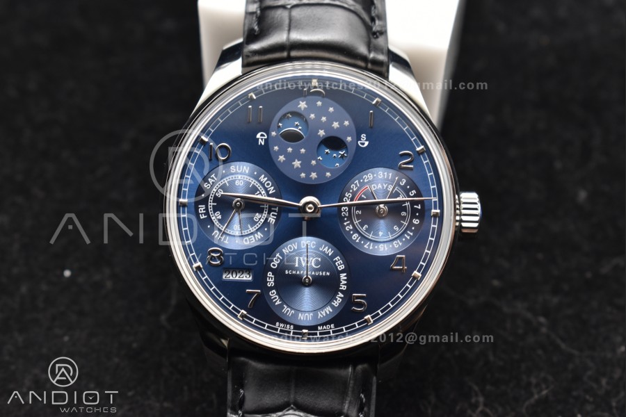 Portugieser Perpetual Calendar SS 5033 APSF 1:1 Best Edition Blue Dial on Black Leather Strap A52610 Clone