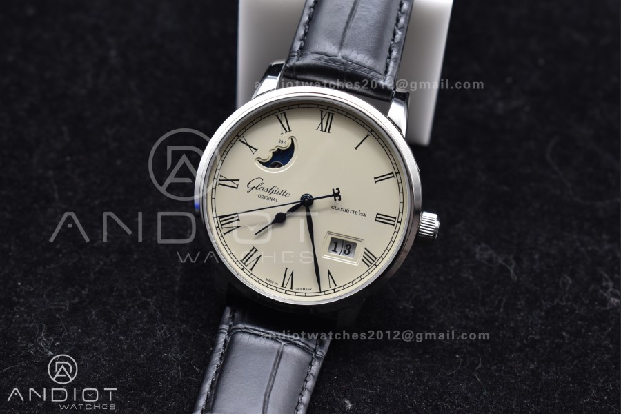 Excellence Panorama Date Moon Phase SS V9F White Dial on Black Leather Strap A100