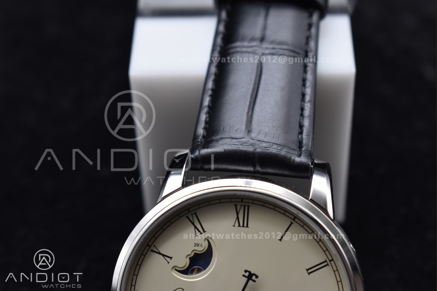 Excellence Panorama Date Moon Phase SS V9F White Dial on Black Leather Strap A100