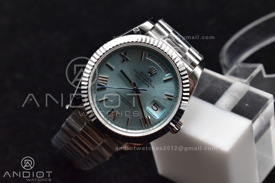 DayDate 40 SS GMF 904L Steel Iced Blue Dial Roman Markers On President Bracelet A3255 V2