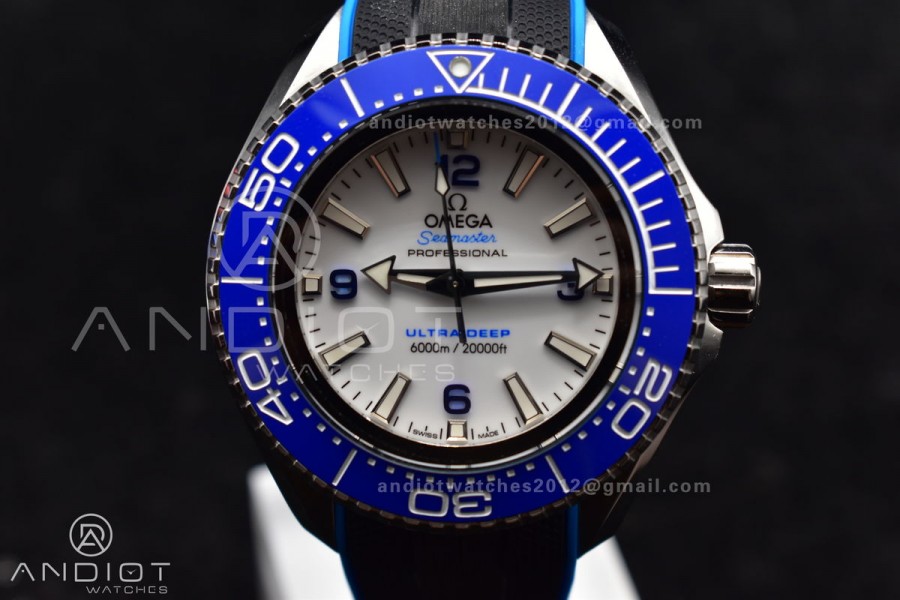 Seamaster 6000M Ultra Deep SS TF 1:1 Best Edition White Dial Blue Ceramic Bezel on Black Rubber Strap A2824