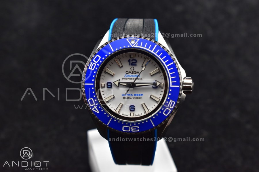 Seamaster 6000M Ultra Deep SS TF 1:1 Best Edition White Dial Blue Ceramic Bezel on Black Rubber Strap A2824