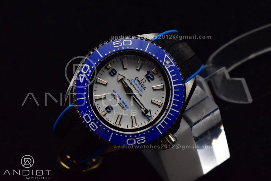 Seamaster 6000M Ultra Deep SS TF 1:1 Best Edition White Dial Blue Ceramic Bezel on Black Rubber Strap A2824