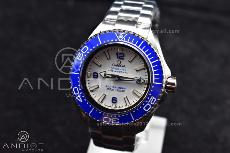 Seamaster 6000M Ultra Deep SS TF 1:1 Best Edition White Dial Blue Ceramic Bezel on SS Bracelet A2824