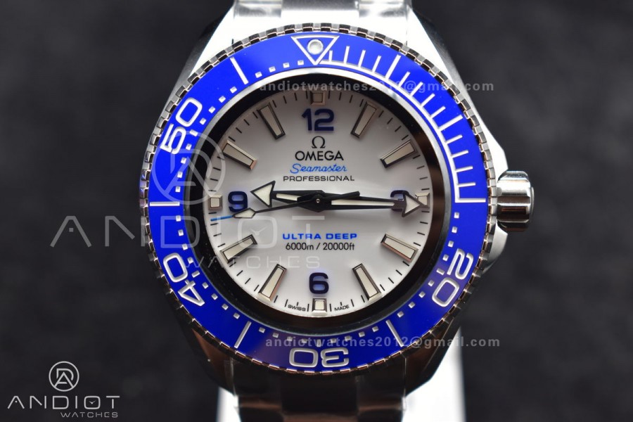 Seamaster 6000M Ultra Deep SS TF 1:1 Best Edition White Dial Blue Ceramic Bezel on SS Bracelet A2824