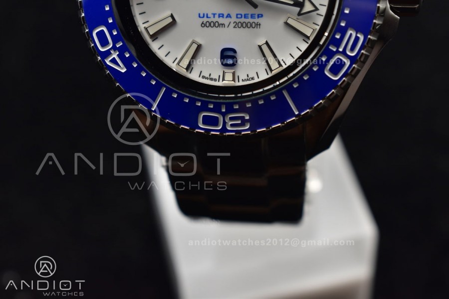 Seamaster 6000M Ultra Deep SS TF 1:1 Best Edition White Dial Blue Ceramic Bezel on SS Bracelet A2824