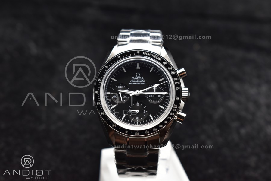 Speedmaster MoonWatch OMF SS Sapphire Crystal Black Dial on SS Bracelet Manual Winding Chrono Movement with Transparent Back