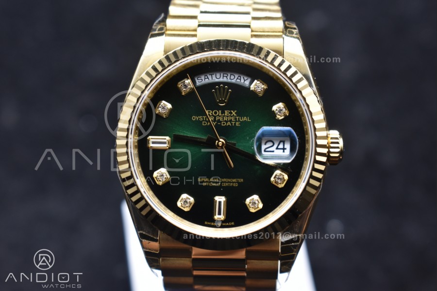 Day-Date 36 YG 128238 EWF Best Edition Green Gradient Dial Crystal Markers on President Bracelet A3255