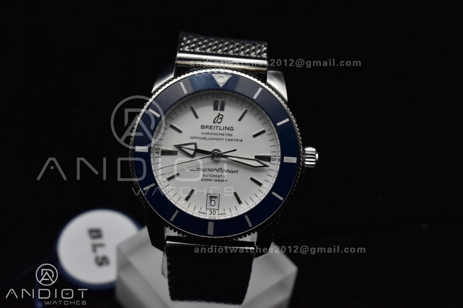 SuperOcean Heritage II BLSF 42mm SS White Dial Blue Ceramic Bezel on SS Mesh Bracelet A2824