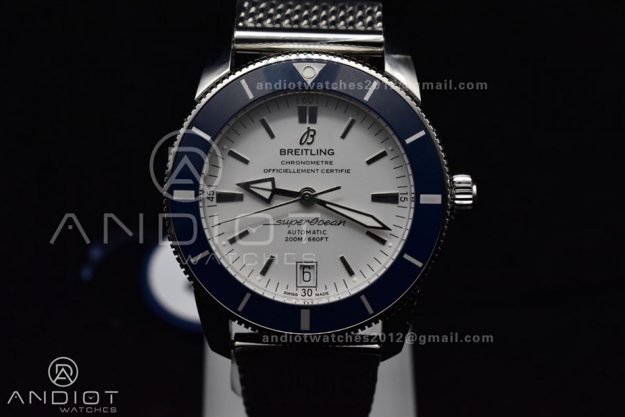 SuperOcean Heritage II BLSF 42mm SS White Dial Blue Ceramic Bezel on SS Mesh Bracelet A2824