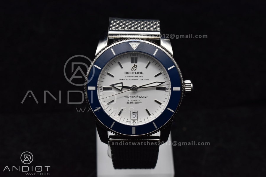 SuperOcean Heritage II BLSF 42mm SS White Dial Blue Ceramic Bezel on SS Mesh Bracelet A2824