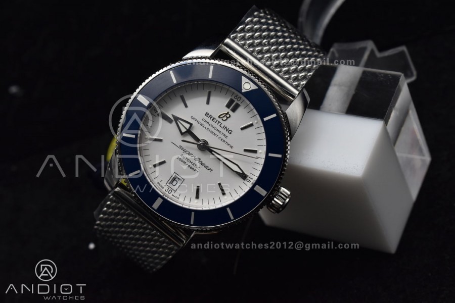 SuperOcean Heritage II BLSF 42mm SS White Dial Blue Ceramic Bezel on SS Mesh Bracelet A2824