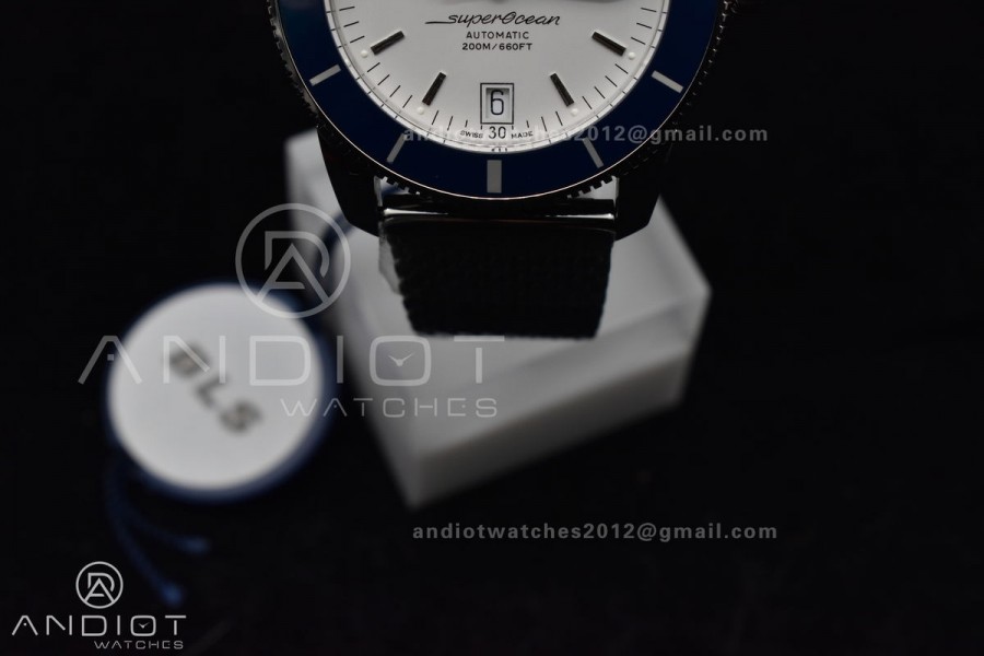 SuperOcean Heritage II BLSF 42mm SS White Dial Blue Ceramic Bezel on SS Mesh Bracelet A2824