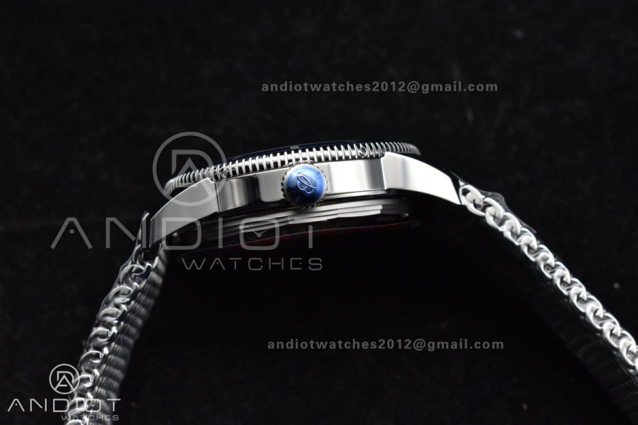 SuperOcean Heritage II BLSF 42mm SS White Dial Blue Ceramic Bezel on SS Mesh Bracelet A2824