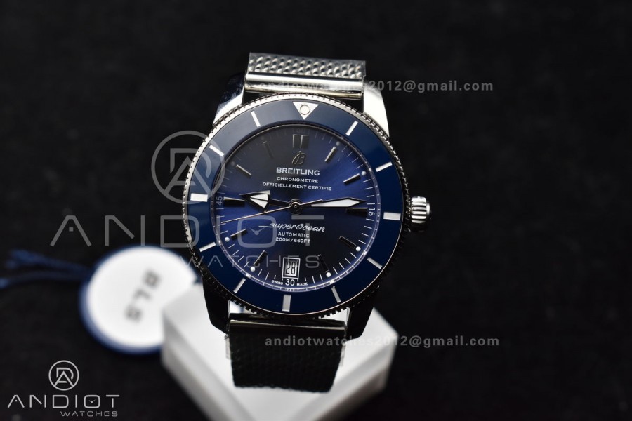 SuperOcean Heritage II BLSF 42mm SS Blue Dial Blue Ceramic Bezel on SS Mesh Bracelet A2824