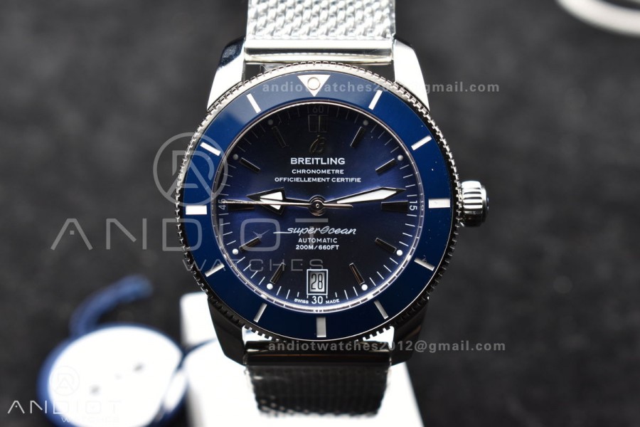 SuperOcean Heritage II BLSF 42mm SS Blue Dial Blue Ceramic Bezel on SS Mesh Bracelet A2824